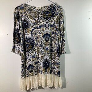Womens Umgee Floral Paisley Tunic Top Lace Peplum M‎ Blue Cream
